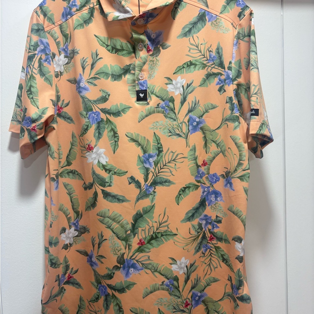 Bad Birdie Mens Small Tropical Floral Print Golf Polo Short Sleeve Peach NWT
